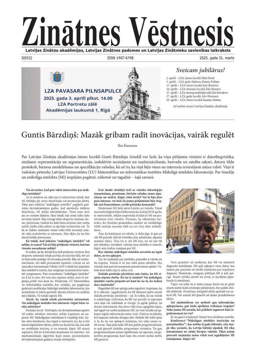 Iznācis laikraksta "Zinātnes Vēstnesis" marta numurs! Aicinām lasīt: lza.lv/images/Zinatne…