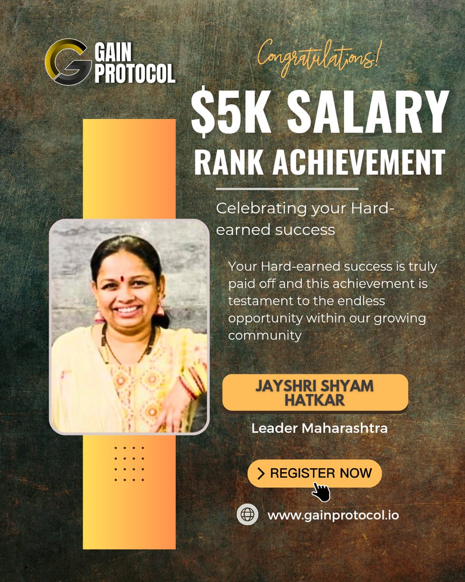 Minakshi1136668's tweet image. Congratulations!
Jayshri Shyam Hatkar from Maharashtra has achieved the $5k salary rank in Gain Protocol!

Unlock new opportunities with Gain Protocol and make your dreams come true.

Visit : gainprotocol.io

#GainProtocol #SuccessStory #Congratulations #CryptoEarnings
