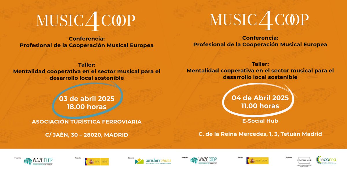 🚨@Music4Coop en Madrid
🎯 Para:
-Profesionales del sector cultural con interés en la cooperación y el desarrollo local sostenible.
-Agentes rurales que buscan integrar la música como herramienta de transformación en sus territorios.
#rural #coop
Más info martalozanomolano.com/music4coop-en-…