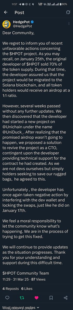 The original dev of @HedgePot was supposed to hand over the deployer to the CTO team and instead has locked transfers of the token. 

Anything possible to remedy this <a href="/MetropolisDEX/">Metropolis</a> or <a href="/DYORSWAPDEX/">DYORSWAP</a> ?