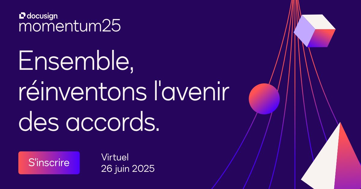 🔥La conférence annuelle Docusign Momentum est de retour le jeudi 26 juin 🔥

Cette année, préparez-vous à une journée exceptionnelle dédiée à la découverte de l'IA appliquée à la gestion intelligente des accords.

👉 Inscrivez-vous dès aujourd'hui !  ow.ly/nQkm50VqVLV