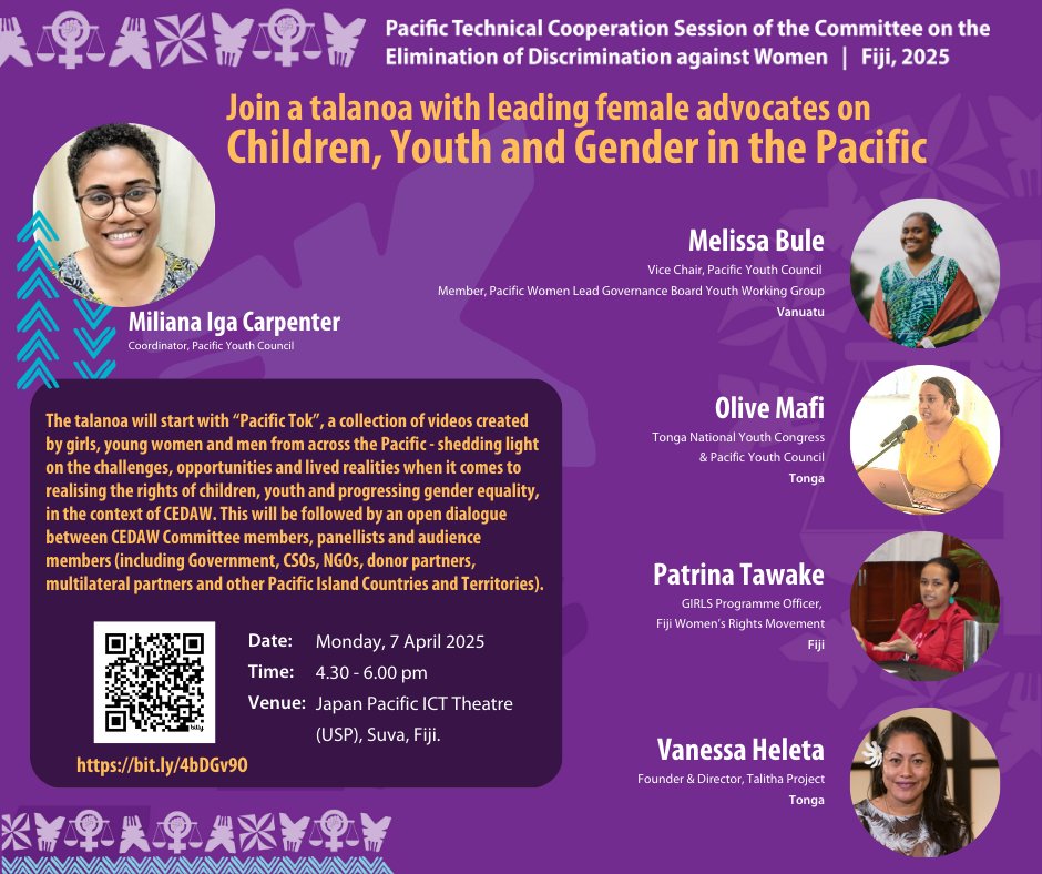 Join us next Monday for a Talanoa on “Children, Youth &amp; Gender: Navigating Rights under #CEDAW” part of Pacific Technical Cooperation Session of the Committee on the Convention on the Elimination of All Forms of Discrimination Against Women #PacificCEDAW: bit.ly/4bDGv9O
