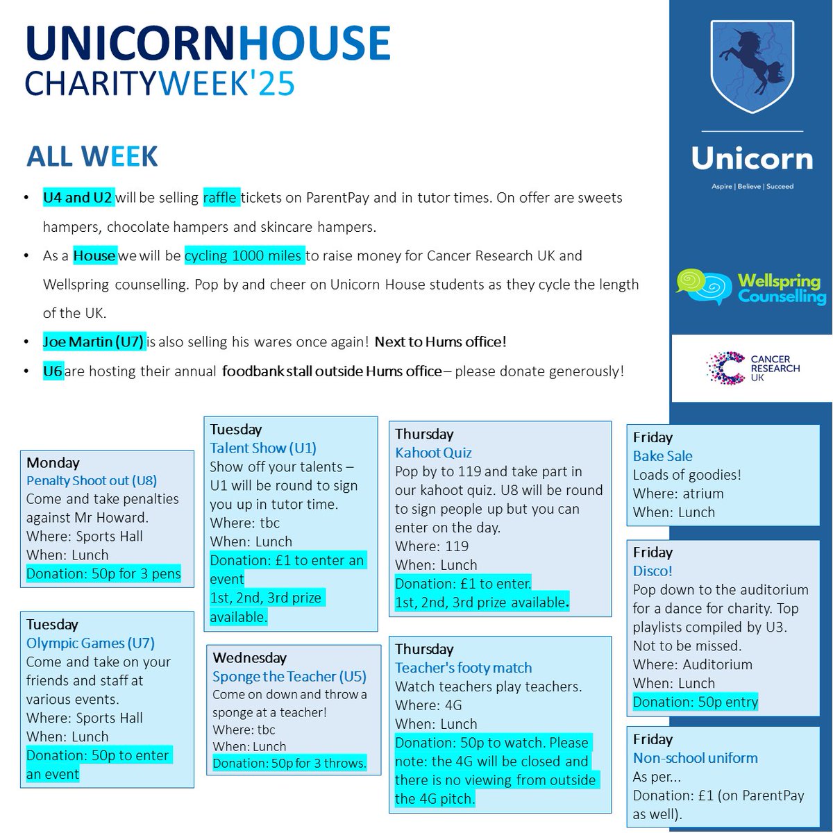 🔷🦄UNICORN CHARITY WEEK 🦄🔷
You can help <a href="/nailseaunicorn/">Unicorn House</a> by bringing in food donations and by supporting the huge number of events that they have planned this week.
Chosen charities: Nailsea Foodbank, Wellspring Counselling and Cancer Research.