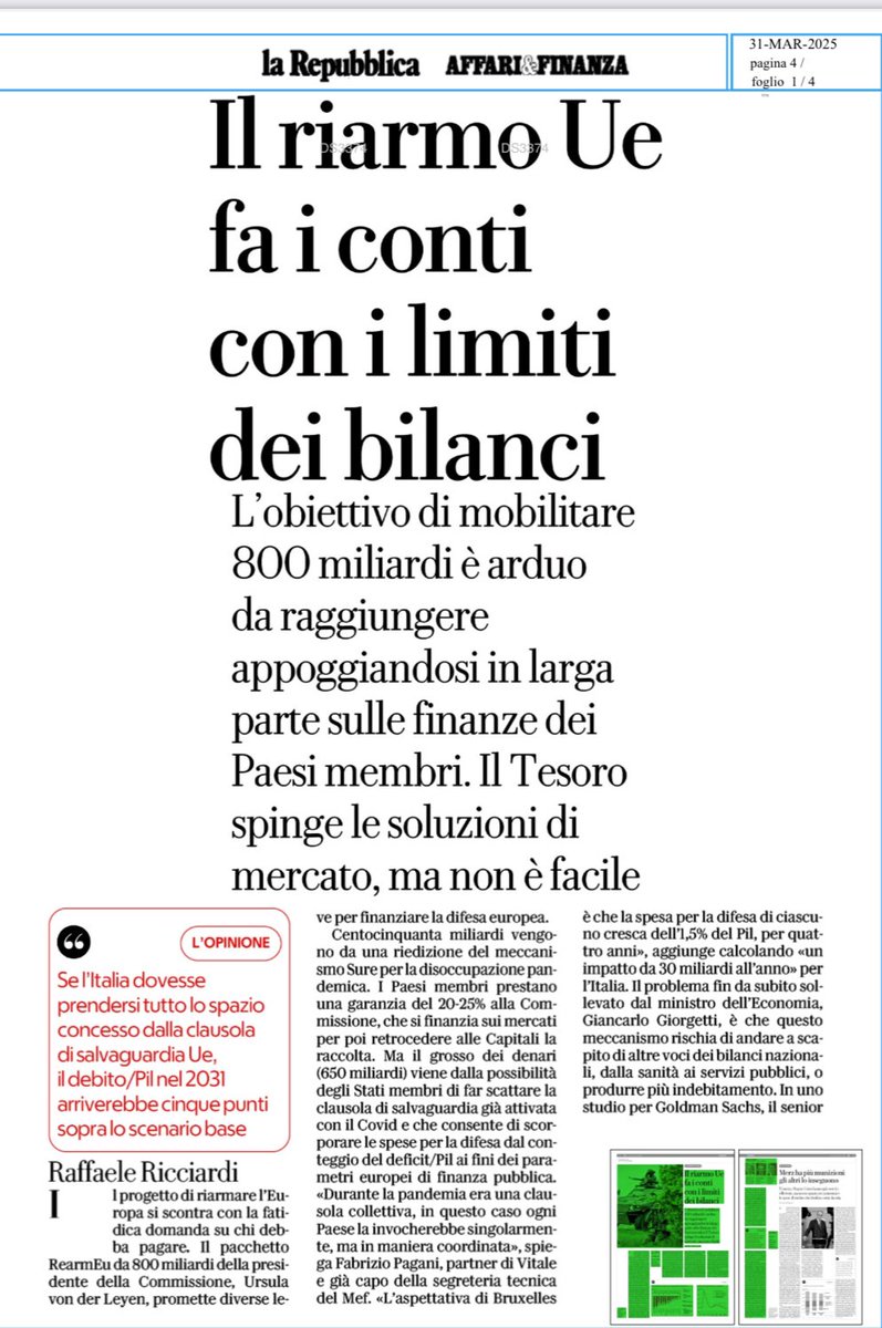 Quanto costa il riarmo: l’impatto sui bilanci dell’Europa e dell’Italia. Il presidente <a href="/fpagani/">Fabrizio Pagani</a> su <a href="/RepubblicaAF/">Repubblica Affari&Finanza</a> fa il punto sulla sostenibilità del debito con <a href="/lexricciardi/">Raffaele Ricciardi</a>