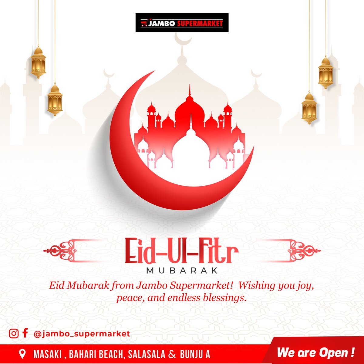 OfficialJamboTz's tweet photo. Eid Mubarak from Jambo Supermarket! ✨ May this special occasion bring you joy, peace, and endless blessings. 

Visit us in Masaki, Bahari Beach, Salasala, and Bunju A—we are open! 🛒🌙 

#EidMubarak #JamboSupermarket https://t.co/53tvb1stHg