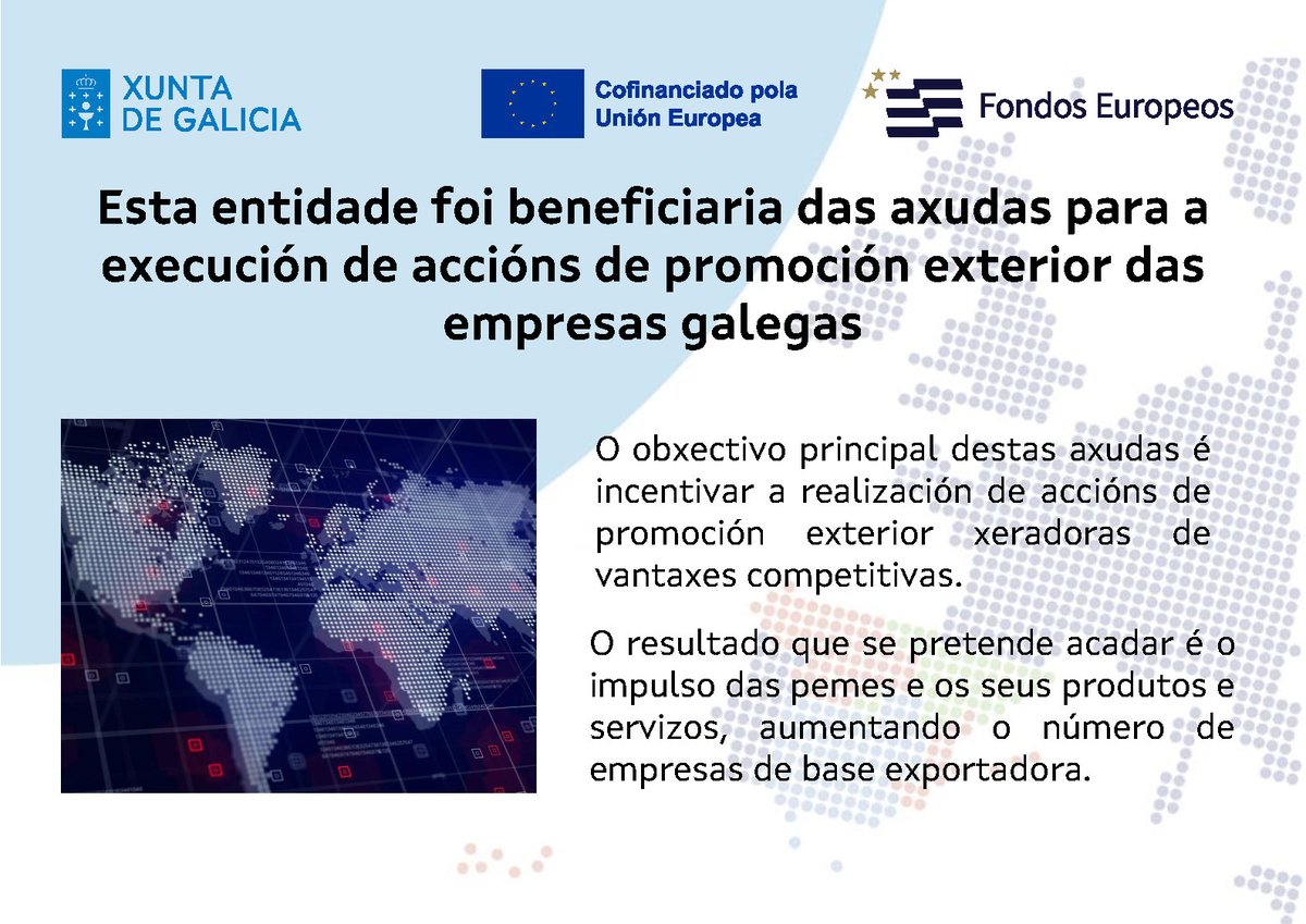 ¡Egatel está ya presente en +40 países!
Dentro de las acciones de promoción exterior de las empresas gallegas (Galicia Exporta Empresas) cofinanciadas por la UE en el marco del Programa Galicia FEDER 2021-2027, EGATEL ha sido una de las beneficiarias en la convocatoria 2024.