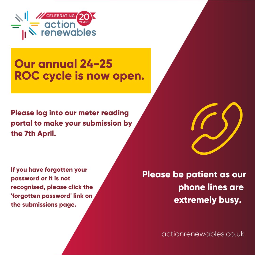 It's time to submit your annual meter reading for the 2024-25 ROC cycle. 

Watch the short explainer video linked below, on how to submit your meter reading - lnkd.in/ewvm5Sip

Then head to our website to submit your reading: 
lnkd.in/eTV2zbhx 

#renewables #ROCs
