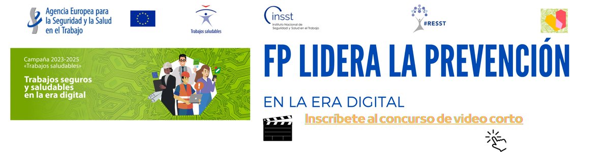 ¡Atención estudiantes de FP! 📢 ¿Listos para demostrar vuestra creatividad?

🎬 El #INSST y la <a href="/EU_OSHA/">EU-OSHA 🇪🇺</a> lanzan #FPLideraLaPrevencion, un concurso de vídeos cortos sobre seguridad y salud en el trabajo en la era digital.

¡Participa! 🚀 run.gob.es/dmvd98e8
#RESST