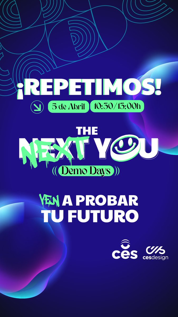 🚨 #THENEXTYOU SE REPITE 
¿Te quedaste con ganas de probar tu futuro? 👀 No te preocupes, porque VOLVEMOS el sábado 5 de abril de 10:30 a 13:00 ⏳
🎬 Realización, Sonido, ¡Y mucho más!
🔁 2ª OPORTUNIDAD para que no te lo pierdas (y que no te lo cuenten).  acortar.link/MSh5td