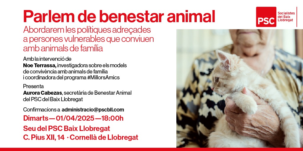 🐶 Parlem de benestar animal

👉🏻 Abordarem les polítiques adreçades a persones vulnerables que conviuen amb animals de família

🗣️ Amb <a href="/AuroraCabezas_C/">Aurora Cabezas</a> i Noe Terrassa

🗓️ Demà
⏰ A les 18h
📍A la seu del <a href="/PSCBaix/">PSCBaix / ❤️</a>
