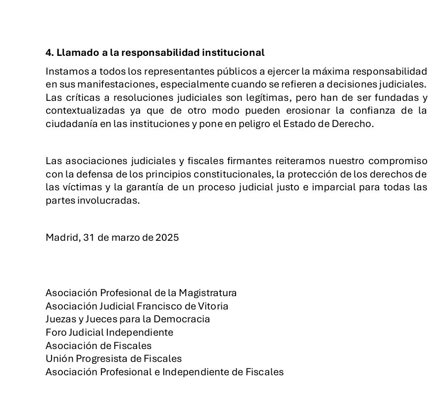 Comunicado conjunto de TODAS las asociaciones de jueces y fiscales en relación con las recientes declaraciones de la Vicepresidenta <a href="/mjmonteroc/">María Jesús Montero</a> acerca de la sentencia dictada en el caso de Daniel Alves:

1. La independencia judicial es un pilar fundamental del Estado de Derecho.