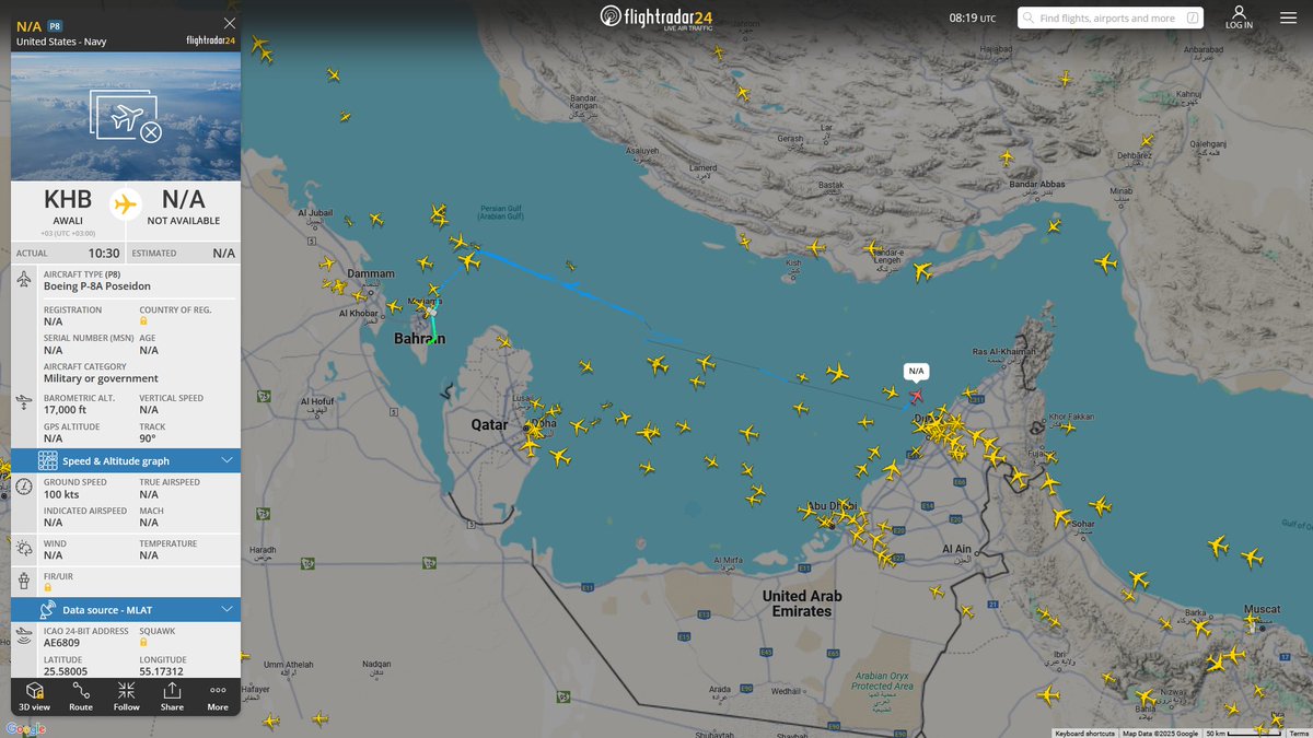 AIYeyENGDdJkjTr's tweet photo. Mar. 31, 2025
#Isa Air Base, Bahrain #Persian Gulf #Strait of Hormuz
#NoCALLSIGN #AE6809 USN P-8A Poseidon https://t.co/KKI6fOj5am
