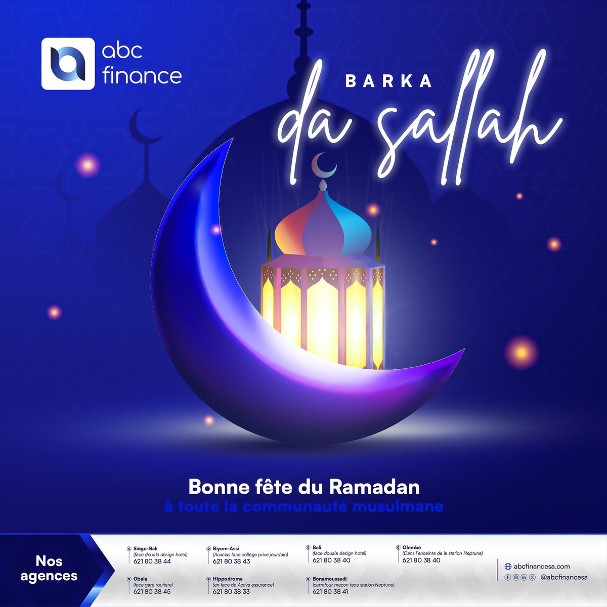 abcfinancesa's tweet photo. Happy Eid al-Fitr to all Muslims!

Bonne Fête du Ramadan à l’ensemble de la Communauté Musulmane !

#eidmubarak
#EidAlFitr
#Ramadan
#RamadanMubarak
#ramadankareem
#microfinance
#Cameroon https://t.co/EK5l2KvRE4