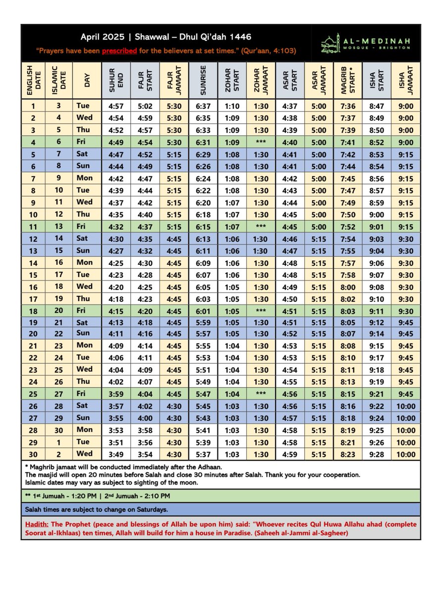 #April 2025 prayer timetable