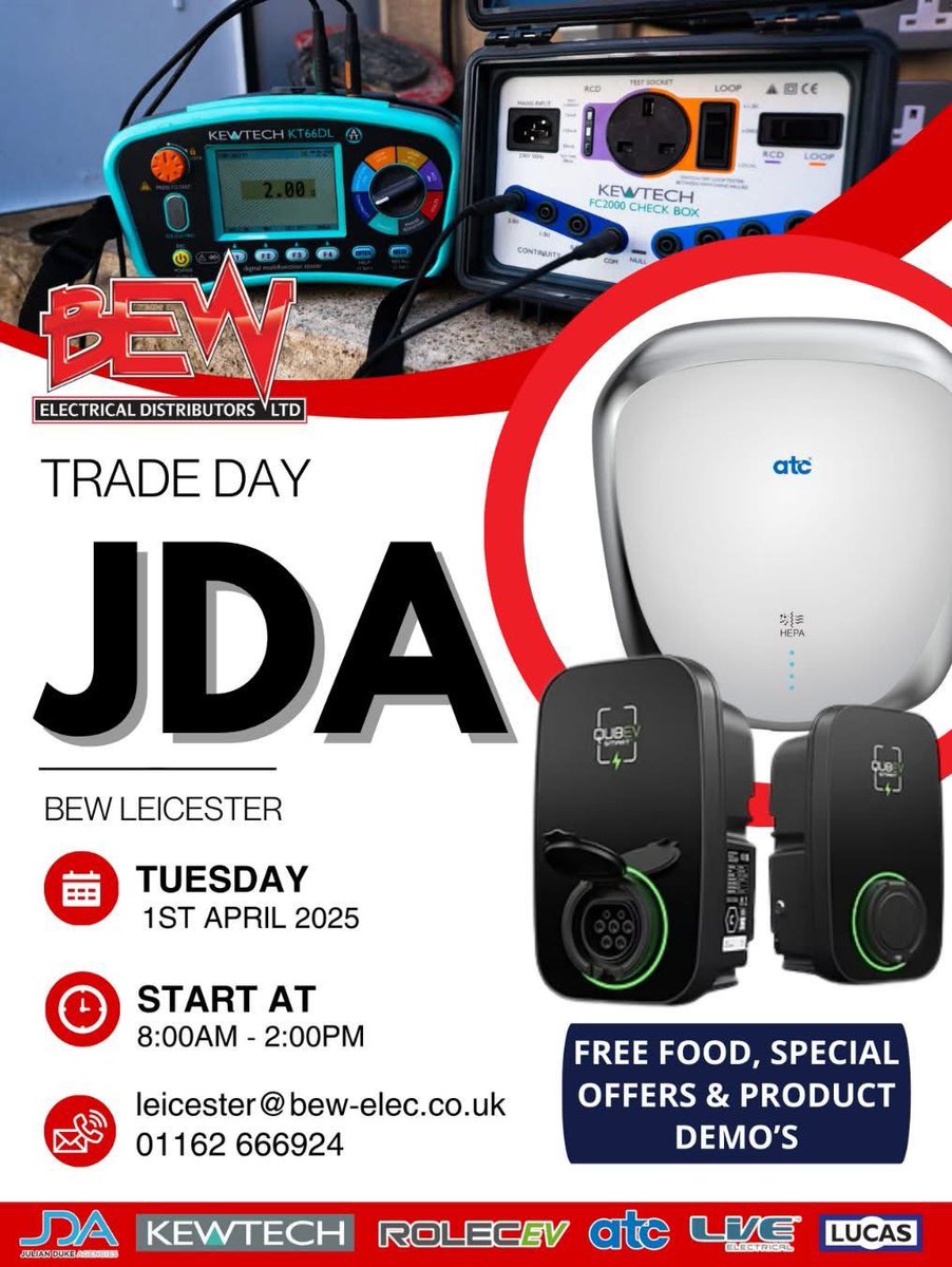 Tomorrow our BEW Leicester branch are hosting a Trade day with special offers and product demos from manufacturers such as <a href="/kewtechcorp/">Kewtech Corporation</a> <a href="/RolecEV/">Rolec</a> #ATC #LiveElectrical &amp; <a href="/GHLucasLtd/">GH Lucas</a>

📍 Where: Unit 15, 16 Meer End, Birstall, LE4 3EH

⏰ When: Tuesday 1st April, 8am - 2pm