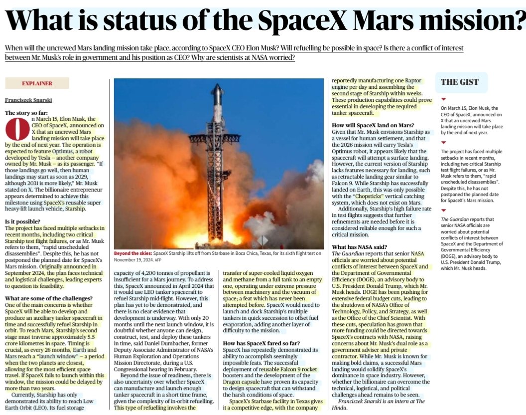 imRavikantYadav's tweet photo. 'What is the status of the SpaceX Mars Mission?'
:Details by Mr Franciszek Snarski
#MarsMission #SpaceX #ElonMusk @elonmusk #DOGE
#STARSHIP #Refueling
#Earth #Mars #LaunchWindow #SETTLEMENT
#spacexdragon #FalconRocket #Chopsticks
#optimus #Robot
#Research
#UPSC https://t.co/J63aCo9Ou8
