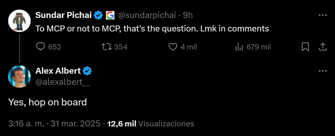 DotCSV's tweet image. Anthropic finalmente ha logrado que el protocolo MCP para la comunicación entre LLMs y servicios de 3os se haya convertido en un estandar
Tras la explosión en popularidad de hace unas semanas, OpenAI anunció que adoptaría el protocolo y ahora Google parece que también se suma 👌
