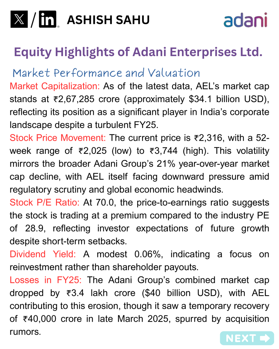 ashishsahu_01's tweet photo. Equity Research Highlights by Ashish Sahu (16/NIFTY500)
💡Adani Enterprises
₹3.4 Lakh Cr Market Cap Loss, 48% Stock Drop, Yet EBITDA Up 29% to ₹12,377 Cr—Data Too Big and Highly Important. Read in Thread!
#AdaniEnterprises #StockMarketIndia #equityresearch #importantdata #MIvsKKR #MIvKKR