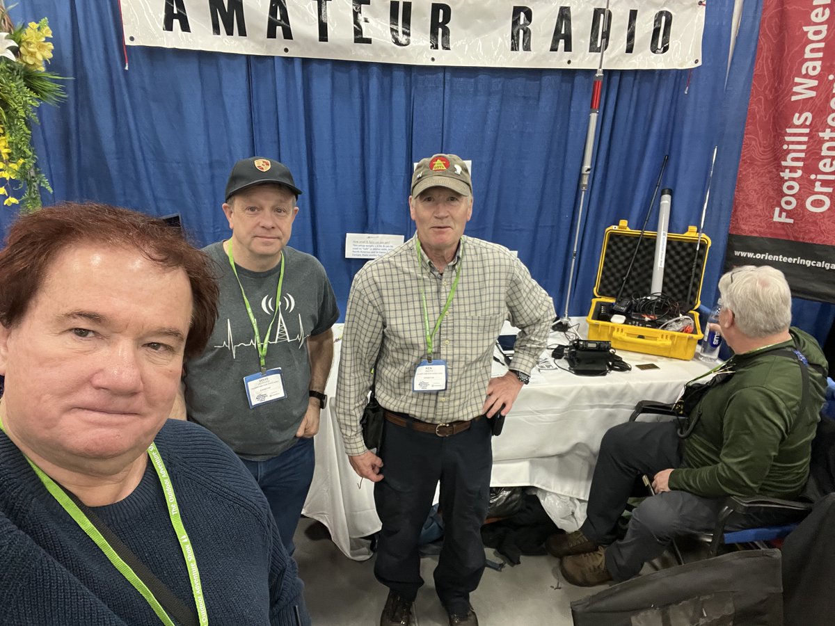 With some of the guys at the Outdoor Adventure and Travel Show today at the new BMO Centre in Calgary. 
L-R:  me Peter VA6RPL, Doug VE6CID, Ken VE6AGR, Dave VE6DED.