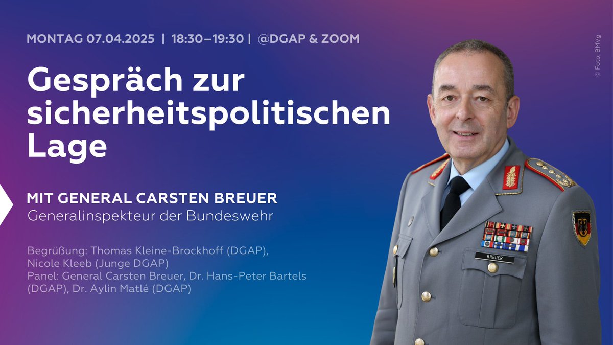 DGAP (@dgapev) on Twitter photo Wir freuen uns sehr auf das Gespräch zur sicherheitspolitischen Lage mit Carsten Breuer, dem Generalinspekteur der Bundeswehr, am nächsten Montag. Gemeinsam mit Thomas <a href="/KleineBrockhoff/">Thomas Kleine-Brockhoff</a>, <a href="/AylinMatle/">Aylin Matlé</a> & Hans-Peter Bartels diskutieren wir über aktuelle Herausforderungen für 🇩🇪. /1 Wir freuen uns sehr auf das Gespräch zur sicherheitspolitischen Lage mit Carsten Breuer, dem Generalinspekteur der Bundeswehr, am nächsten Montag. Gemeinsam mit Thomas <a href="/KleineBrockhoff/">Thomas Kleine-Brockhoff</a>, <a href="/AylinMatle/">Aylin Matlé</a> & Hans-Peter Bartels diskutieren wir über aktuelle Herausforderungen für 🇩🇪. /1