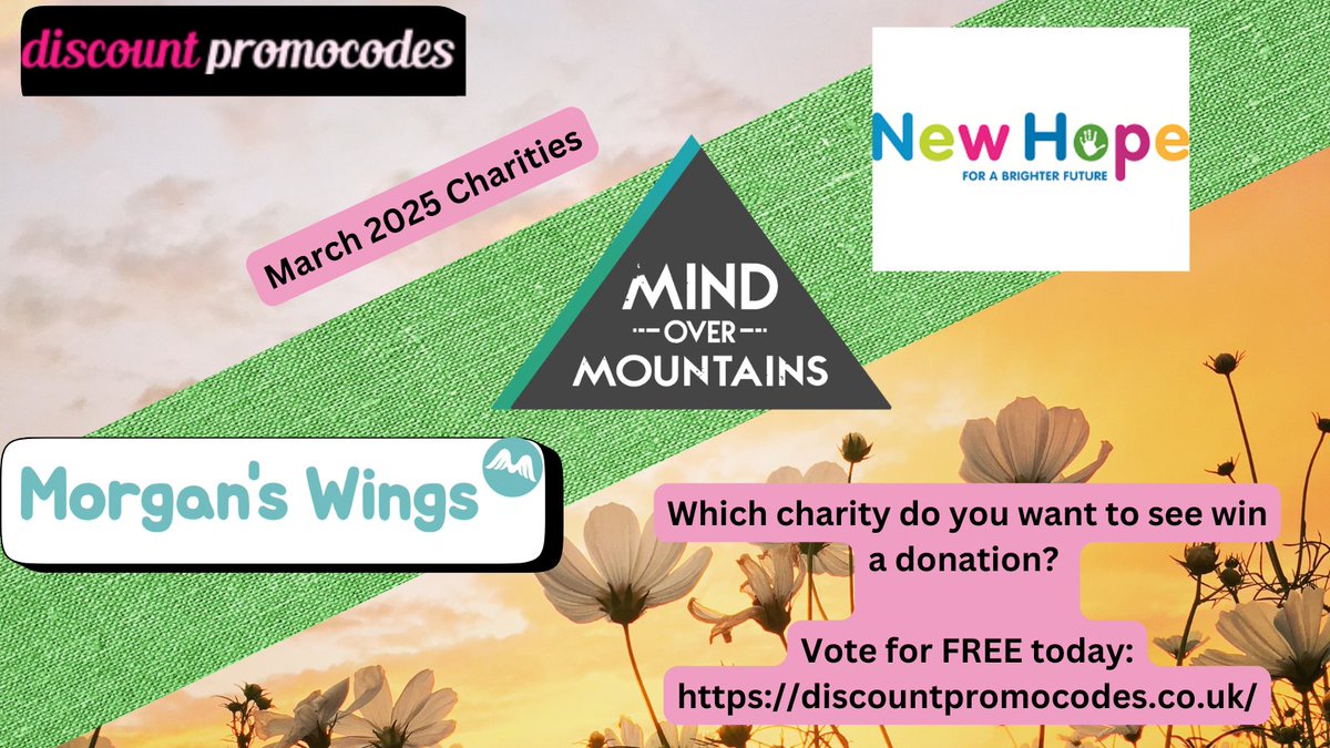 Discount Promo Codes (@discpromocodes) on Twitter photo !! LAST CHANCE !!
Help <a href="/MindOMountains/">Mind Over Mountains</a> <a href="/Morgans_Wings/">Morgan’sWings</a> or <a href="/WorcsNewHope/">New Hope Worcester</a> win a donation of 20% of our profits today: discountpromocodes.co.uk !! LAST CHANCE !!
Help <a href="/MindOMountains/">Mind Over Mountains</a> <a href="/Morgans_Wings/">Morgan’sWings</a> or <a href="/WorcsNewHope/">New Hope Worcester</a> win a donation of 20% of our profits today: discountpromocodes.co.uk