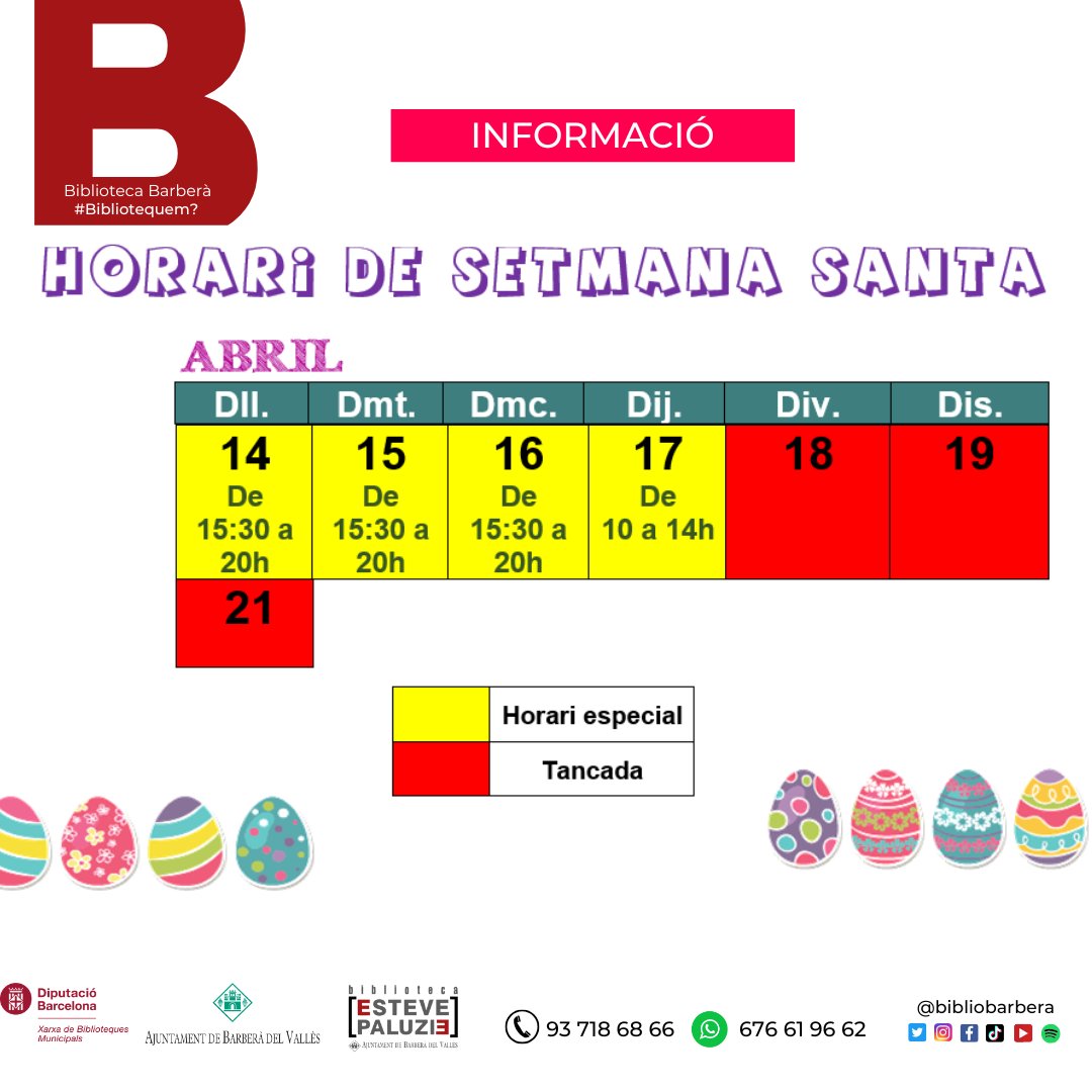 Horari especial de Setmana Santa a la #Bibliobarberà 👇👇