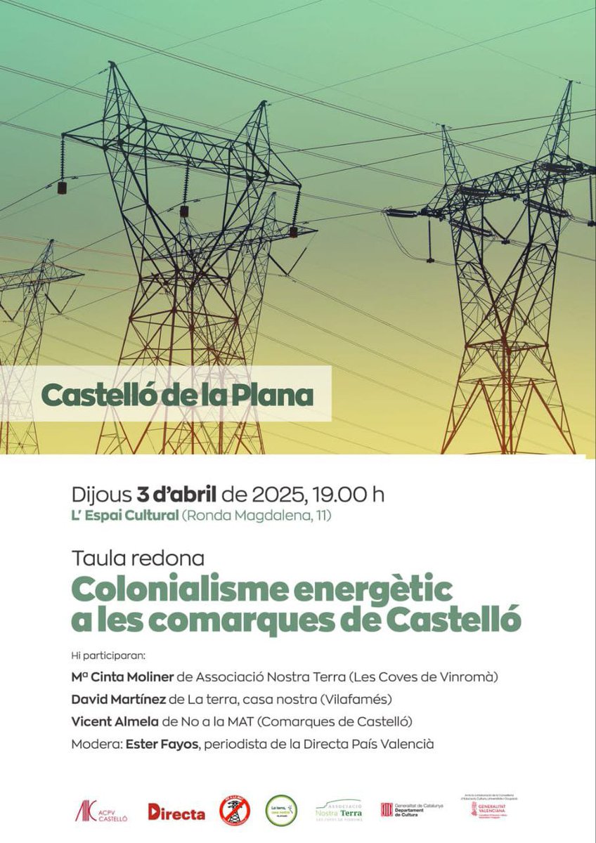 Este dijous ens veiem a Castelló per a parlar del colonialisme energètic a les nostres comarques!
 <a href="/NoMatCCastello/">No a la MAT Comarques de Castelló</a>  <a href="/NostraTerraAss/">Nostra Terra</a> <a href="/La_Directa/">Directa</a> <a href="/AccioCulturalPV/">Acció Cultural del País Valencià</a>