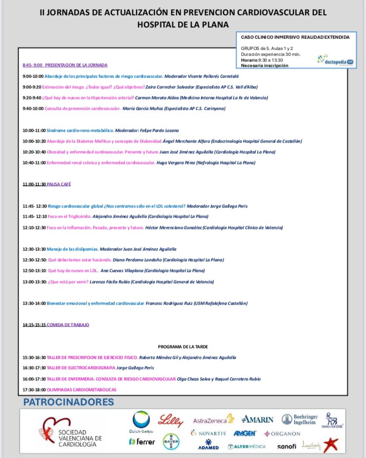 SVCardio (@svcardio) on Twitter photo II Jornadas de Riesgo Cardiovascular del Hospital de la Plana
🗓️ 4 de abril desde las 08:45 h
🏥 Salón de actos Hospital Universitario de La Plana <a href="/GVAlaplana/">GVA la Plana</a>
👉 Toda la info en svcardio.org/calendario-eve…
Os esperamos allí! II Jornadas de Riesgo Cardiovascular del Hospital de la Plana
🗓️ 4 de abril desde las 08:45 h
🏥 Salón de actos Hospital Universitario de La Plana <a href="/GVAlaplana/">GVA la Plana</a>
👉 Toda la info en svcardio.org/calendario-eve…
Os esperamos allí!