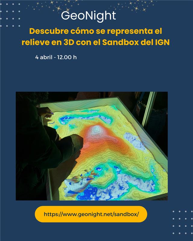IGNSpain's tweet photo. 🌚¡Llega #GeoNight 2025! Te presentamos una de nuestras actividades:
«Descubre cómo se representa el relieve en 3D con el Sandbox del IGN»

⛰️ Descubrirás cómo se representa el relieve de cualquier lugar geográfico con el cajón de arena (o #sandbox). Modela la arena y observa cómo el terreno cobra vida con colores y curvas de nivel en tiempo real.

📆 4 de abril
⌚ 12:00 h
🏫 Presencial en la sede del IGN (C/ Gral. Ibáñez de Ibero, 3. Madrid).

✏️ ¡inscríbete hasta el 1 de abril! Escribe a inscripcion@cnig.es

🔗 https://t.co/dMw9tEBeH0

#IGNSpain #CNIG #GeoNight2025 #Geografía #GeoSapiens @GeonightO @AGE_Oficial @transportesgob