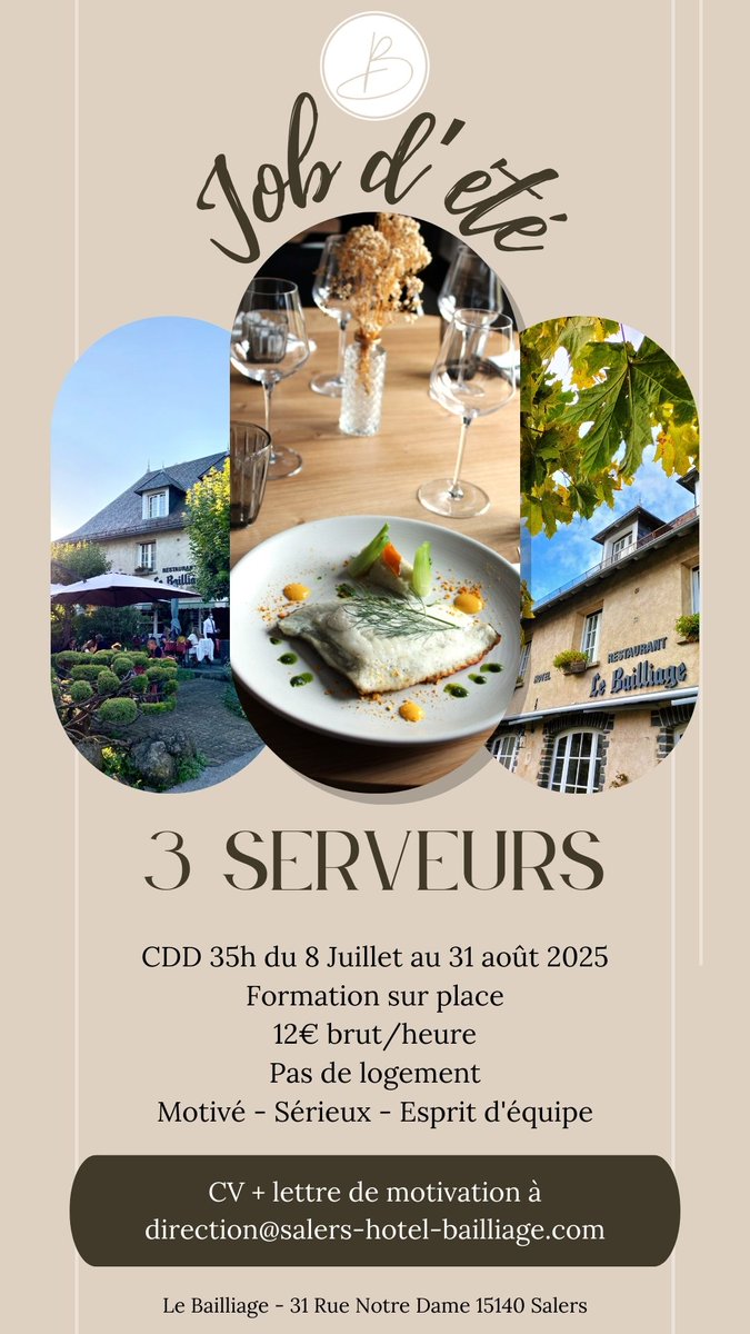 ON RECRUTE - JOB ETUDIANTS 2025

Envoyer CV + Lettre de Motivation à direction@salers-hotel-bailliage.com.

#recrutement #jobdete #jobetudiant #JobSaisonnier #cantal #auvergne