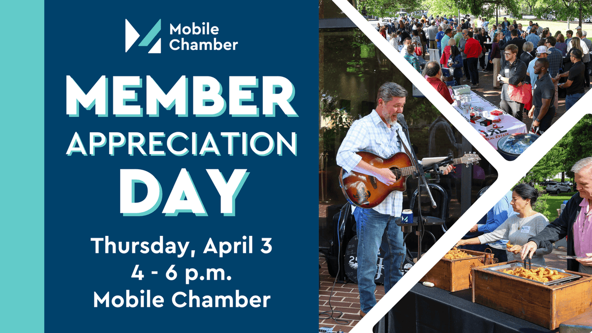 🐟🎶 Join us for Member Appreciation Day this Thursday, April 3, from 4-6 PM at the Mobile Chamber!

Enjoy a fish fry, live music, and great company as we say THANK YOU for being part of our Chamber family! 💙

📍 451 Government St.
🔗 my.mobilechamber.com/mobilechamberc…