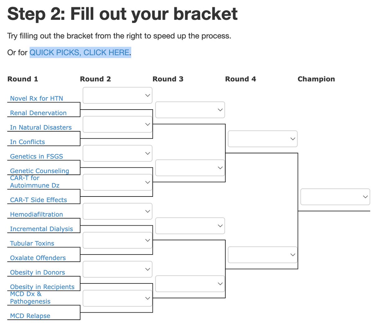 And to all you procrastinators out there...

If you really can't or don't want to decide on each team, just click on "QUICK PICKS" to autofill the entire #NephMadness bracket!          

(You can still edit any of the teams with this option)   

bit.ly/2DvWyou