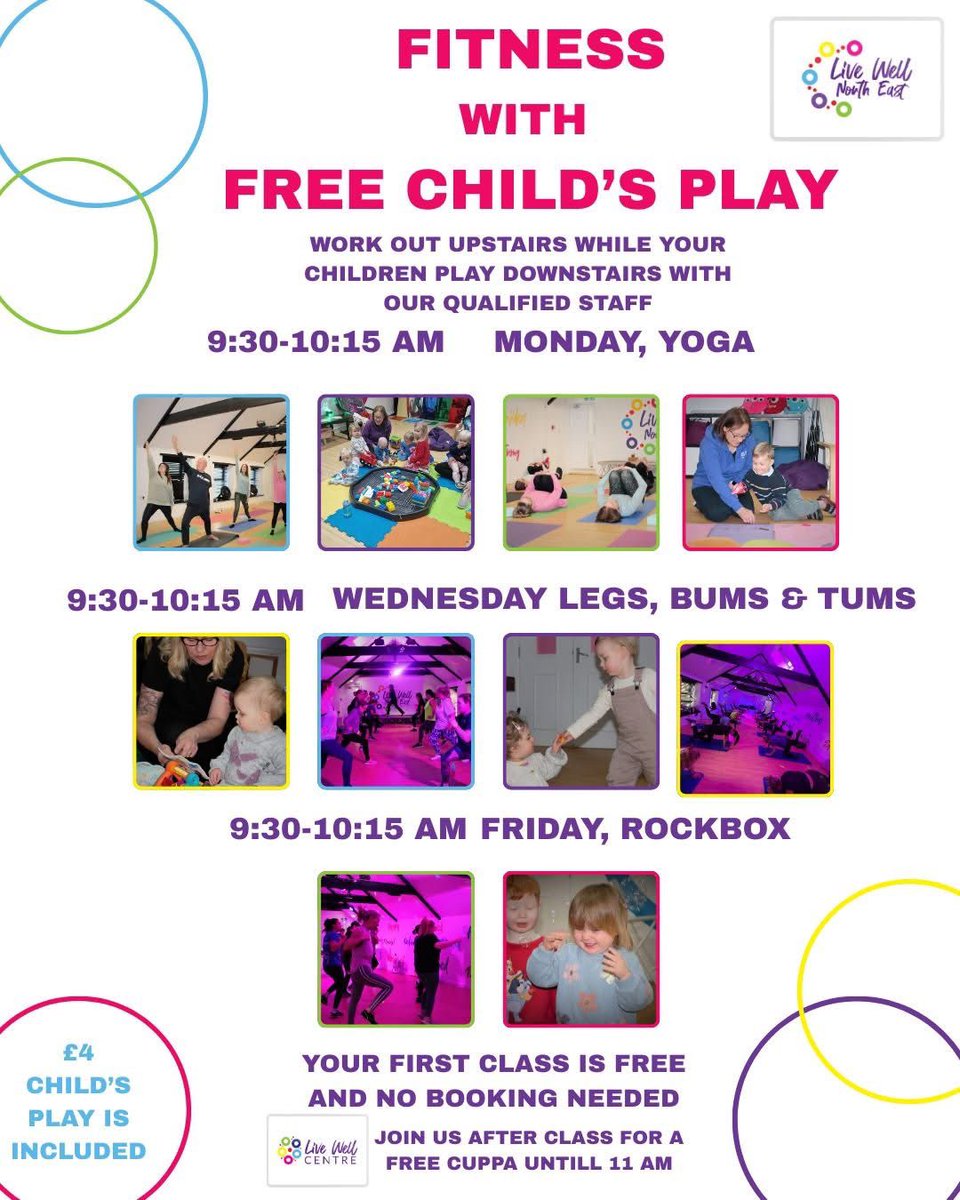 Three classes every week with free child's play included!

After classe we have a free cuppa and chat where everyone is welcome.

Your first class is free and no booking needed, classes are £4 after and child's play is included. (class passes are available)