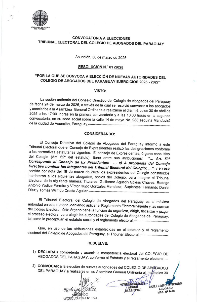 CAP_py's tweet image. Ponemos a conocimiento de los interesados la Resolución 01/2025 del TEI del CAP, por la que se convoca a elección de nuevas autoridades del Colegio de Abogados del Paraguay y ejercicios 2025-2027