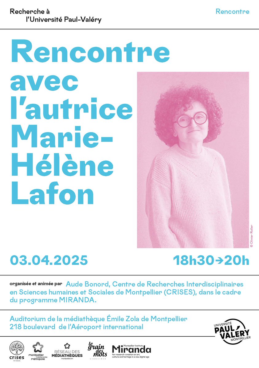 CRISES (@crises_umpv) on Twitter photo 📚 Rencontre avec Marie-Hélène Lafon, animée par Aude Bonord, jeudi 03 avril, à l'auditorium de la médiathèque Émile Zola de Montpellier.
Plus d'infos : crises.www.univ-montp3.fr/fr/node/193048
<a href="/univpaulvalery/">Université de Montpellier Paul-Valéry</a>
#rechercheupvm
<a href="/Montpellier3m/">Montpellier Métropole</a> 📚 Rencontre avec Marie-Hélène Lafon, animée par Aude Bonord, jeudi 03 avril, à l'auditorium de la médiathèque Émile Zola de Montpellier.
Plus d'infos : crises.www.univ-montp3.fr/fr/node/193048
<a href="/univpaulvalery/">Université de Montpellier Paul-Valéry</a>
#rechercheupvm
<a href="/Montpellier3m/">Montpellier Métropole</a>
