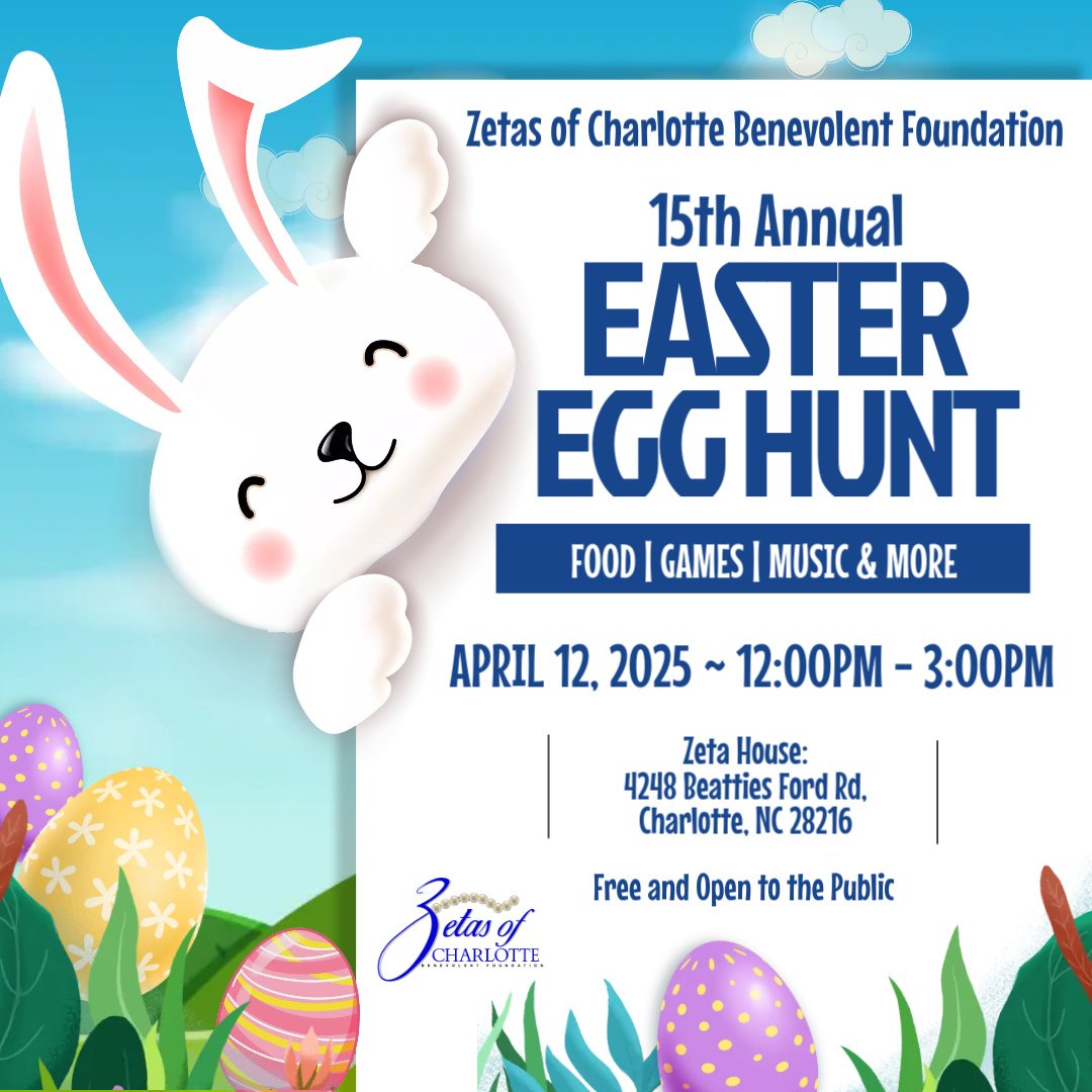 ZetasofCLT's tweet photo. Join the Zetas of Charlotte Benevolent Foundation’s Easter Egg Hunt! This free event is perfect for kids of all ages. Just bring your basket ! Hunt times are by age:
Ages 0-4: 12:30-12:45
Ages 5-8: 1:00-1:15
Ages 9-12: 1:30-1:45
Ages 13-17: 2:00-2:15
Ages 18+: 2:30-2:45 https://t.co/ky7gbCXQ2P