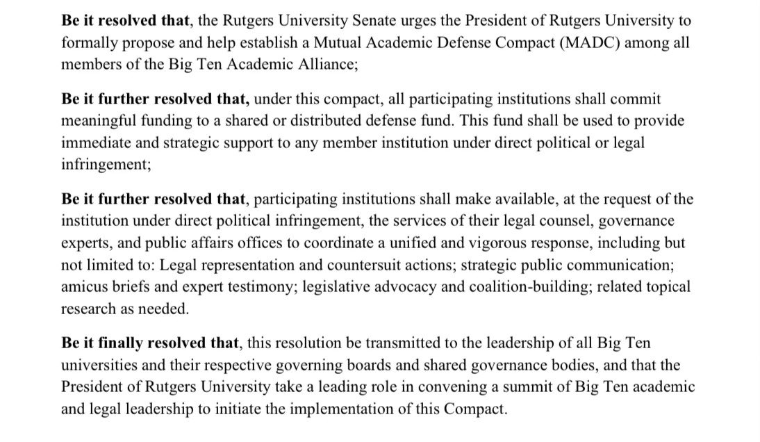 AdHaque110's tweet photo. Rutgers Faculty Senate calls for a Mutual Academic Defense Compact, including "a shared or distributed defense fund.... to provide immediate and strategic support to any member institution." https://t.co/bDNhQk2RMG