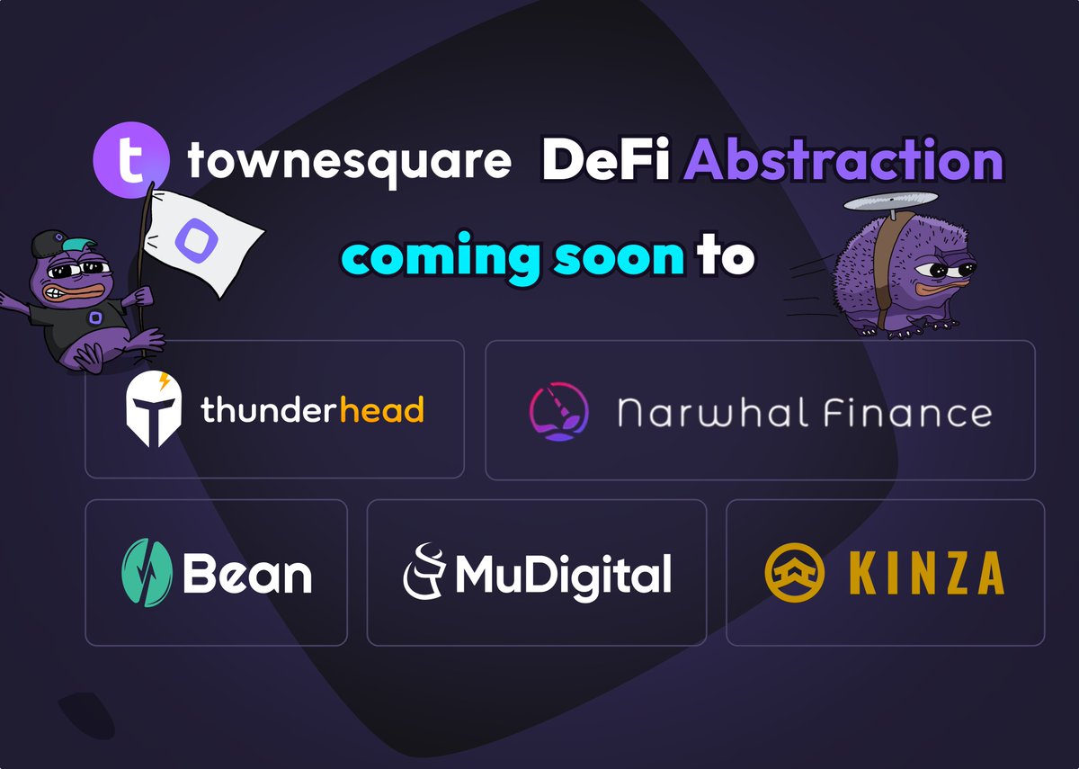 New week new integrations at @TowneSquarexyz 

DeFi abstraction coming soon to <a href="/thunderheadxyz/">Thunderhead</a>, @Narwhal_Finance, <a href="/Bean_DEX/">Bean Exchange (mainnet arc)</a>, <a href="/MuDigitalHQ/">Mu Digital (mainnet arc)</a>, &amp; <a href="/kinzafinance/">Kinza Finance</a> on <a href="/monad_xyz/">Monad</a> testnet to power

- one-click liquid token yield looping
- swap to staking in one place
&amp; more ⚡️ 

Stay tuned
