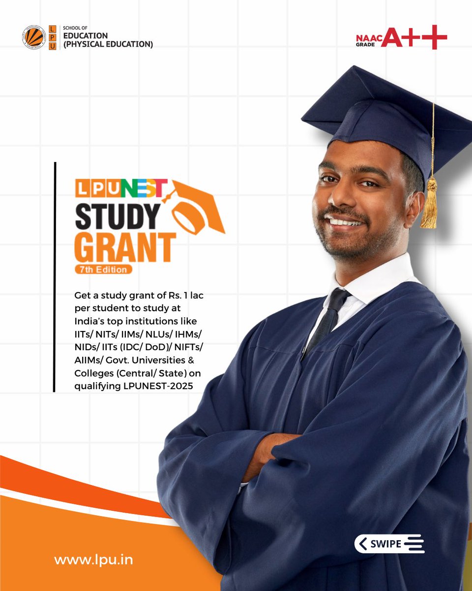 LPUPhysicalEdu's tweet image. Ready to turn your study dreams into reality? 🎓 LPUNEST-2025 is offering a ₹1 Lac study grant to study at your dream institution!

Take the first step and swipe up to learn more! Don't miss out on this amazing opportunity! 

#LPUNEST #StudyDreams #ScholarshipAlert #Lpu #EduRev