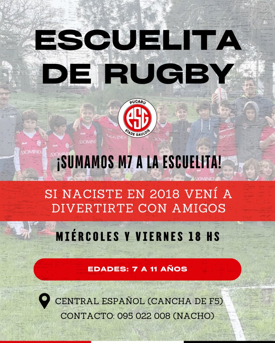 📢 Atención nacidos en 2018: ¡Sumamos M7 a la escuelita de rugby 🏉!

✅ ¿Cuándo entrenamos? Miércoles y Viernes a las 18 hs

✅ ¿Dónde? En Central Español

✅ Edades: 7 a 11 años

¡Vení a jugar al Puca! 🔴⚪🔴