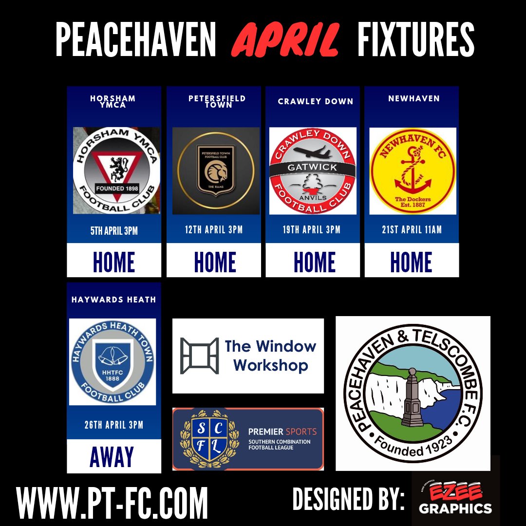 Peacehaven & Telscombe Football Club (@pt_fc) on Twitter photo ⚽️ Action packed April ⚽️
4 back-to-back home games 🏡
And a final awayday 🚗
At the Window Workshop Sports Park
5th @horshamymcafc 3PM
12th <a href="/PTFCTheRams/">Petersfield Town FC 🐏</a> 3PM
19th <a href="/OfficialCDGFC/">Crawley Down Gatwick</a> 3PM
21st <a href="/NewhavenFC/">Newhaven FC</a> 11AM
On the road
26th <a href="/HHTFC/">Haywards Heath Town FC</a> 3PM
Plenty of games, plenty of drama. ⚽️ Action packed April ⚽️
4 back-to-back home games 🏡
And a final awayday 🚗
At the Window Workshop Sports Park
5th @horshamymcafc 3PM
12th <a href="/PTFCTheRams/">Petersfield Town FC 🐏</a> 3PM
19th <a href="/OfficialCDGFC/">Crawley Down Gatwick</a> 3PM
21st <a href="/NewhavenFC/">Newhaven FC</a> 11AM
On the road
26th <a href="/HHTFC/">Haywards Heath Town FC</a> 3PM
Plenty of games, plenty of drama.