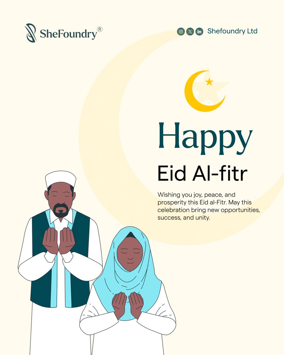 As we celebrate Eid al-Fitr, we wish you joy, peace, prosperity, new opportunities and unity.

Wishing all our Muslim brothers and sisters a blessed celebration filled with love and happiness.

#EidMubarak    #EidAlFitr #SheFoundry #womenledbusinesses