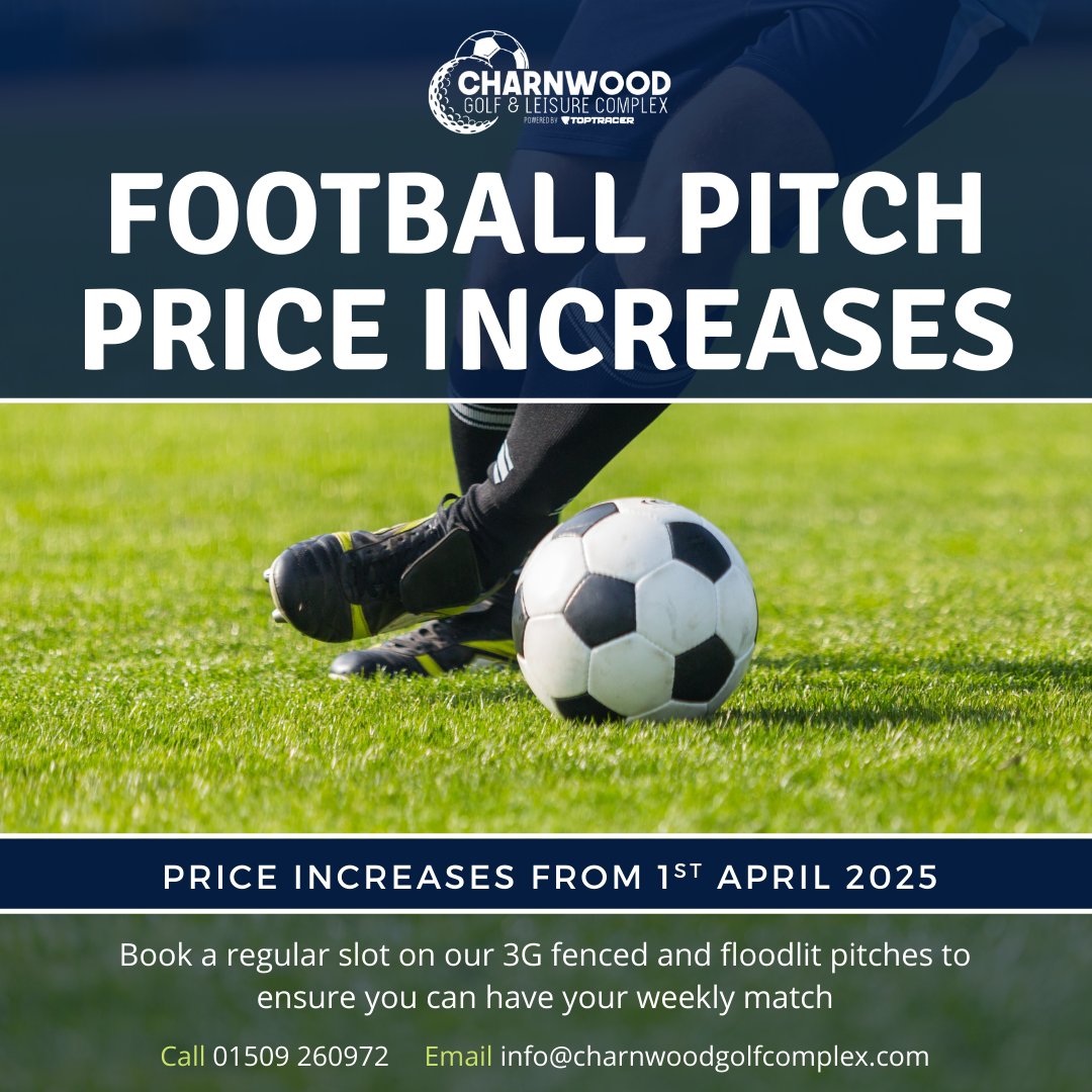 CharnwoodRange's tweet image. We’re proud to have kept our football pitch hire prices the same for over 10 years – but with rising running costs, a small adjustment is now necessary.

From 1st April 2025, our new rates will be: 
🔹 Peak Time: £40/hour 🔹 Off-Peak: £35/hour

#Football #PitchHire #SupportLocal
