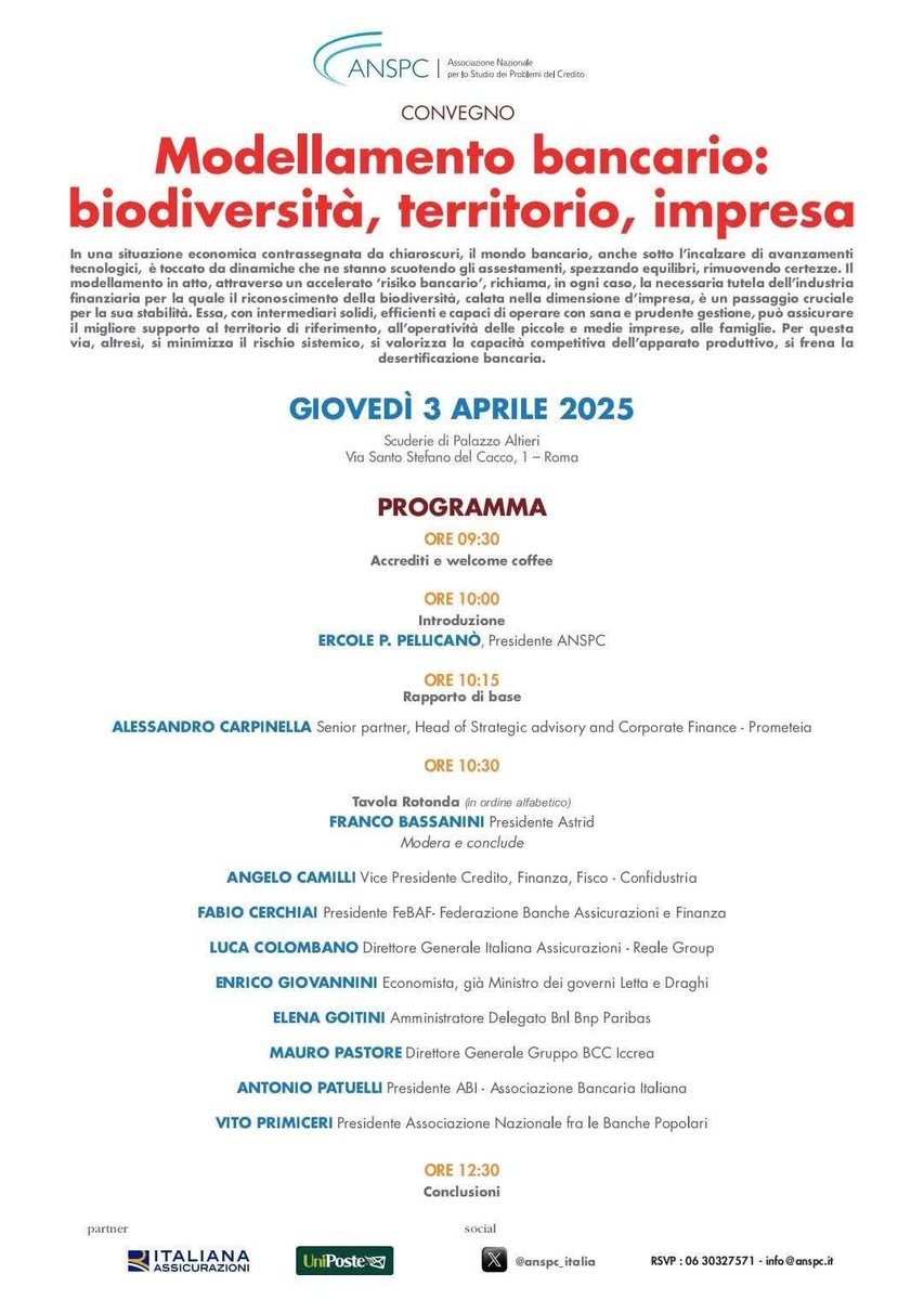 Convegno organizzato da <a href="/anspc_italia/">ANSPC</a> "Modellamento bancario: biodiversità, territorio, impresa", che si svolgerà nella mattinata di giovedì 3 aprile p.v. presso le Scuderie di Palazzo Altieri