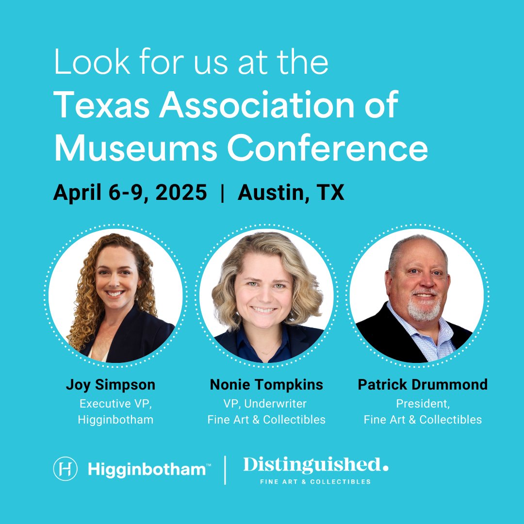 DistinguishedPG's tweet image. Patrick Drummond and Nonie Tompkins from our Fine Art &amp;amp; Collectibles program and Joy Simpson from @HigginbothamIns will be at the @TexasMuseums (TAM) Conference next week!

We can't wait to connect and discuss our solutions.

#collectionsinsurance #museuminsurance #TAM2025