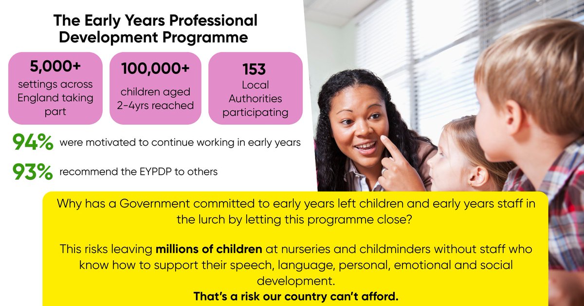 It is horrendous that Govt. has allowed EYDPD to close without an alternative, especially when they claim #EarlyYears are a priority.

Children need early years staff who know how to support their speech, language, personal, emotional and social development. We can't fail them!