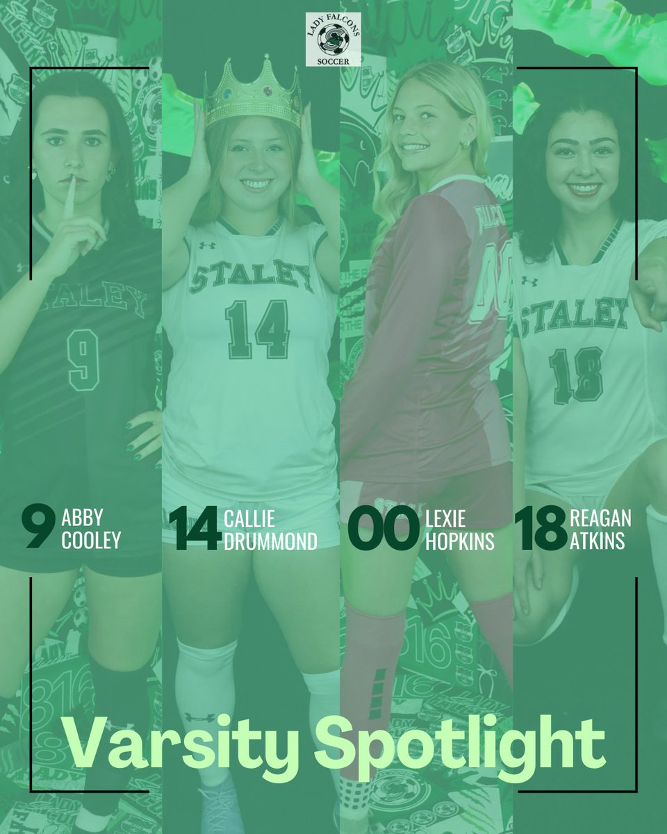 Staley Girls Soccer Fans (@staleysoccerfan) on Twitter photo Our Week 2 Varsity Spotlight Players!
<a href="/AbbyCooleyKC/">Abby Cooley</a> MF 2025
<a href="/CallieDrummond/">callie drummond</a> MF 2025 committed <a href="/NPU_WomenSoccer/">NPU Women Soccer</a>
<a href="/LexieHopkins18/">Lexie Hopkins</a> GK 2026
Reagan Atkins DEF 2027
Schedule this week
⚽️Home 4/1 6:30pm vs LSW
⚽️Away 4/3 6:30pm at BSS
<a href="/HSSoccerKC/">SoccerKC</a> <a href="/staleysoccer/">Staley HS Soccer</a> <a href="/SHSFalcons/">Staley High School</a> Our Week 2 Varsity Spotlight Players!
<a href="/AbbyCooleyKC/">Abby Cooley</a> MF 2025
<a href="/CallieDrummond/">callie drummond</a> MF 2025 committed <a href="/NPU_WomenSoccer/">NPU Women Soccer</a>
<a href="/LexieHopkins18/">Lexie Hopkins</a> GK 2026
Reagan Atkins DEF 2027
Schedule this week
⚽️Home 4/1 6:30pm vs LSW
⚽️Away 4/3 6:30pm at BSS
<a href="/HSSoccerKC/">SoccerKC</a> <a href="/staleysoccer/">Staley HS Soccer</a> <a href="/SHSFalcons/">Staley High School</a>