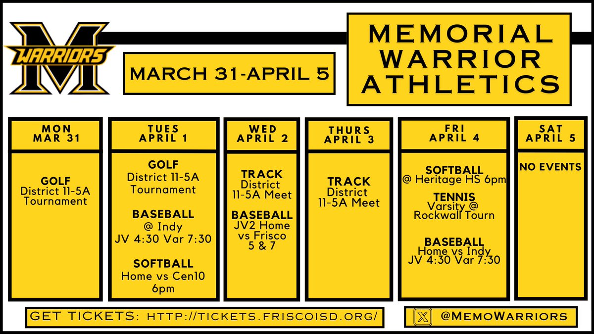 Memorial Athletics (@memowarriors) on Twitter photo District golf and track this week! Let's go Warriors!! District golf and track this week! Let's go Warriors!!