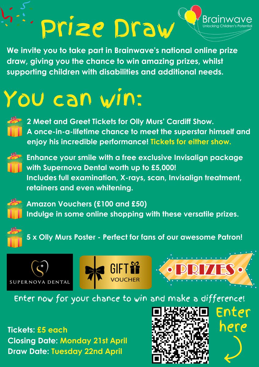 📣 Brainwave Prize Draw! You could win: 

✨VIP Meet and Greet for two lucky winners with our Patron Olly Murs 

✨Supernova Dental Invisalign Package worth £5,000

✨Exclusive Olly Murs signed posters

✨Amazon Vouchers (£100 and £50)

👉To enter, go to: brainwave.org.uk/fundraise-for-…