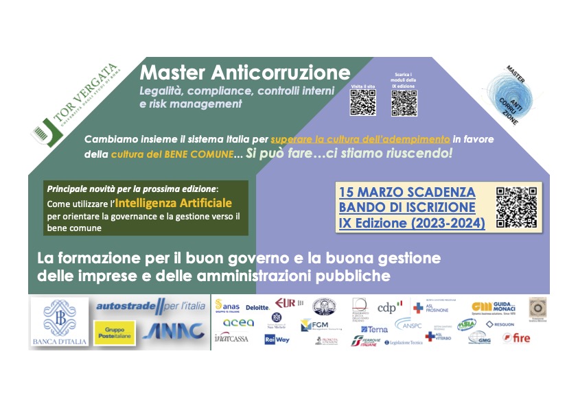 La scadenza per le iscrizioni alla X Edizione del <a href="/MAnticorruzione/">MasterAnticorruzione</a> è il 6 aprile 2025! Diventa un leader responsabile! Il MAC forma professionisti in grado di orientare la gestione di imprese e amministrazioni pubbliche verso il bene comune e la creazione di valore @GustavoPiga